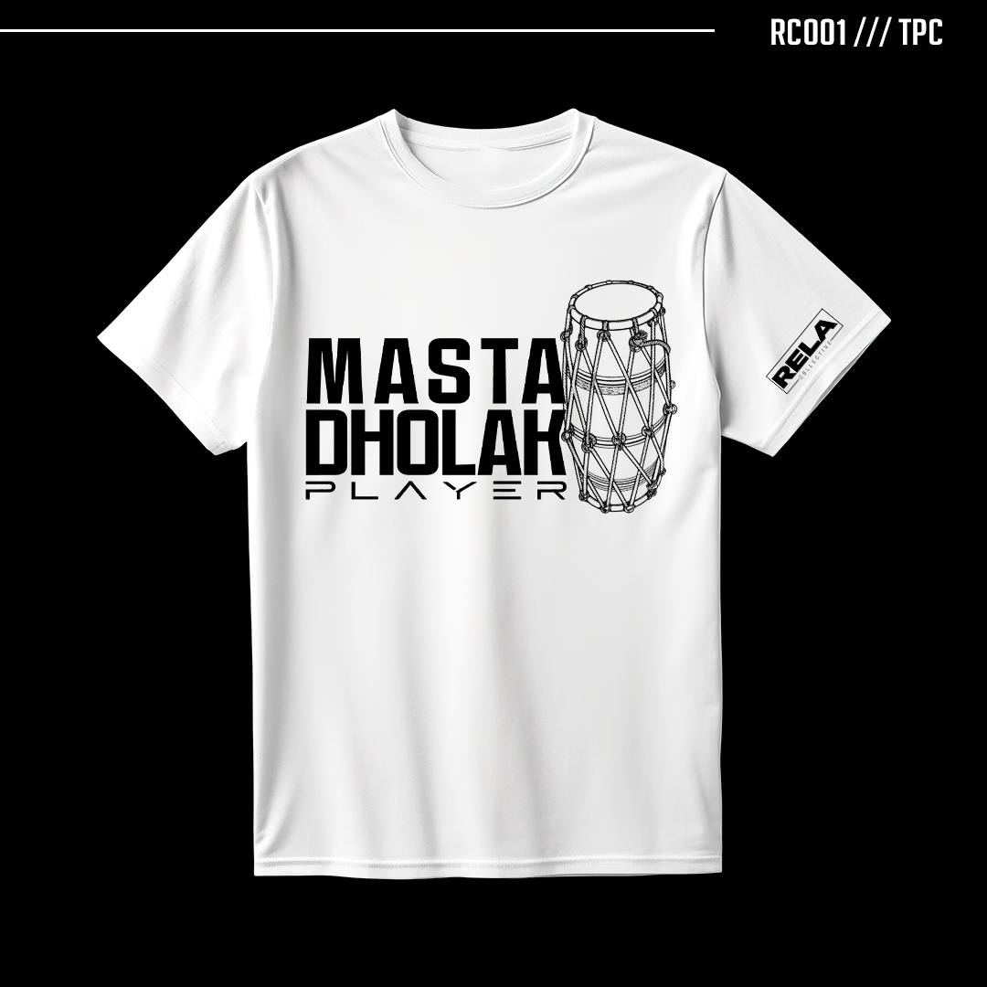White RELA tee with the Masta Dholak Player print