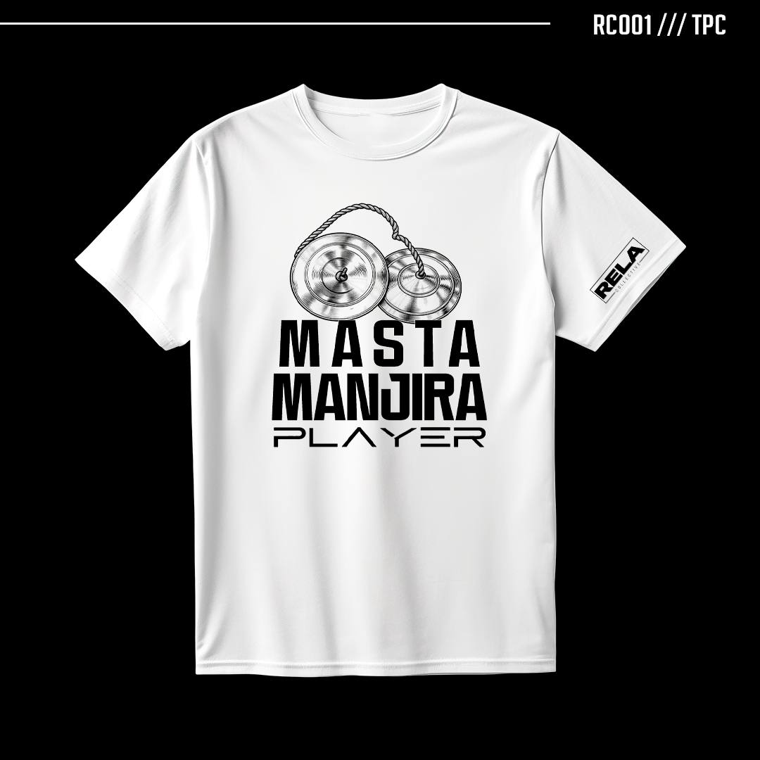 White RELA tee with the Masta Manjira Player print