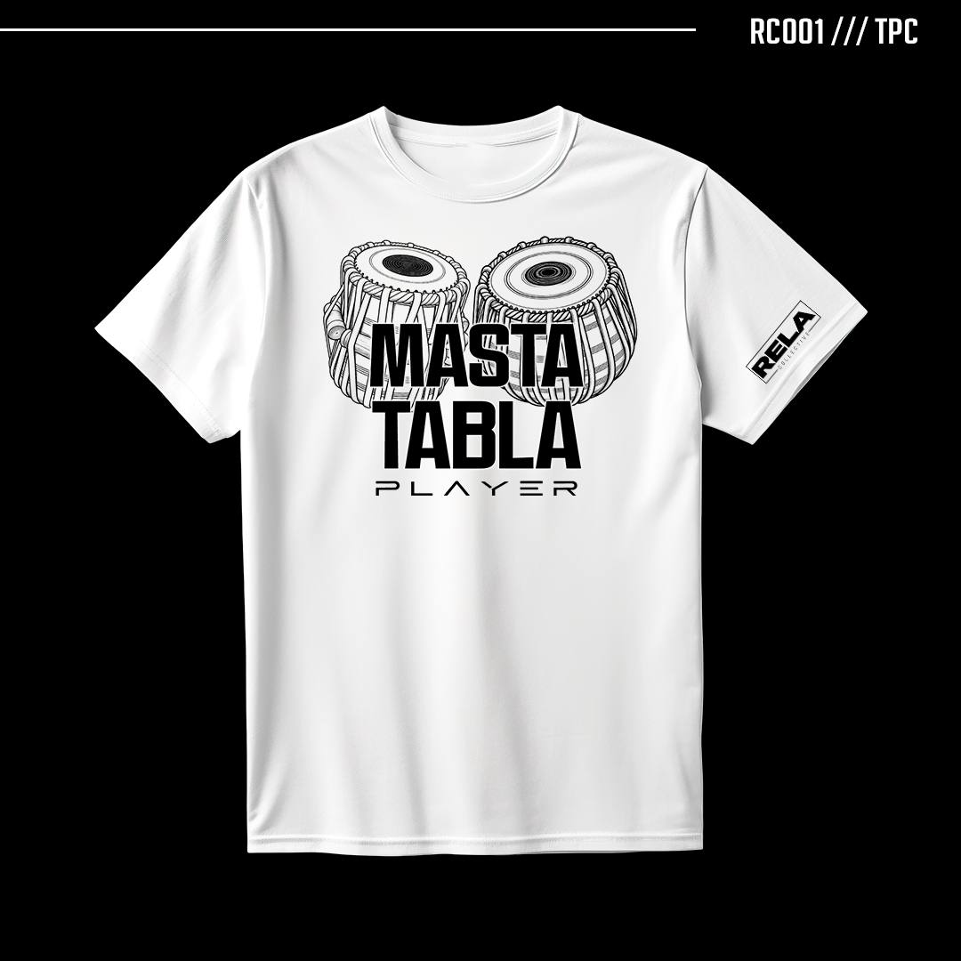White RELA tee with the Masta Tabla Player print