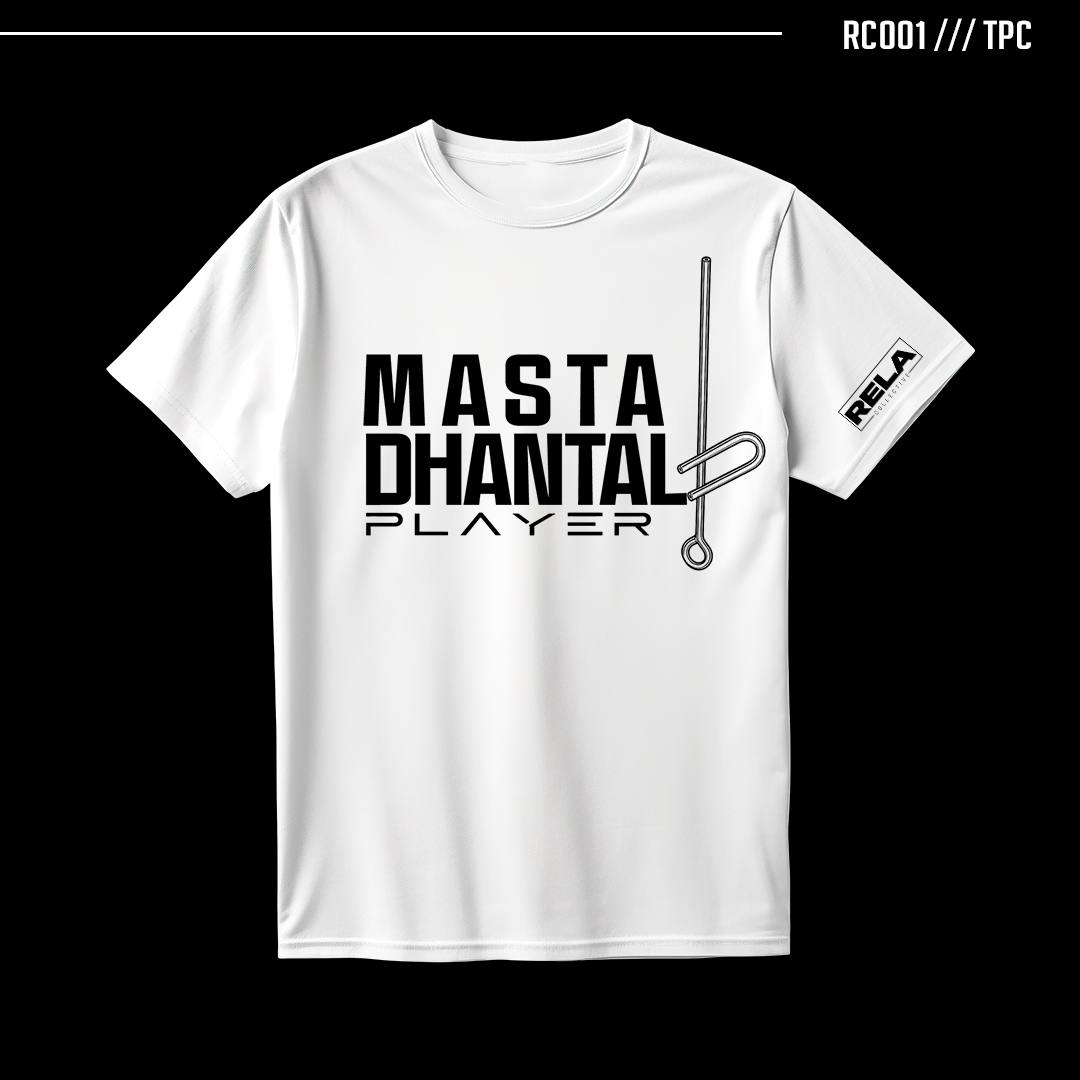 White RELA tee with the Masta Dhantal Player print